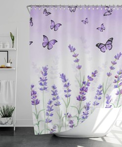Butterfly Watercolor Print Shower Curtain with Lavender and Mauve Florals for Bathroom Decor