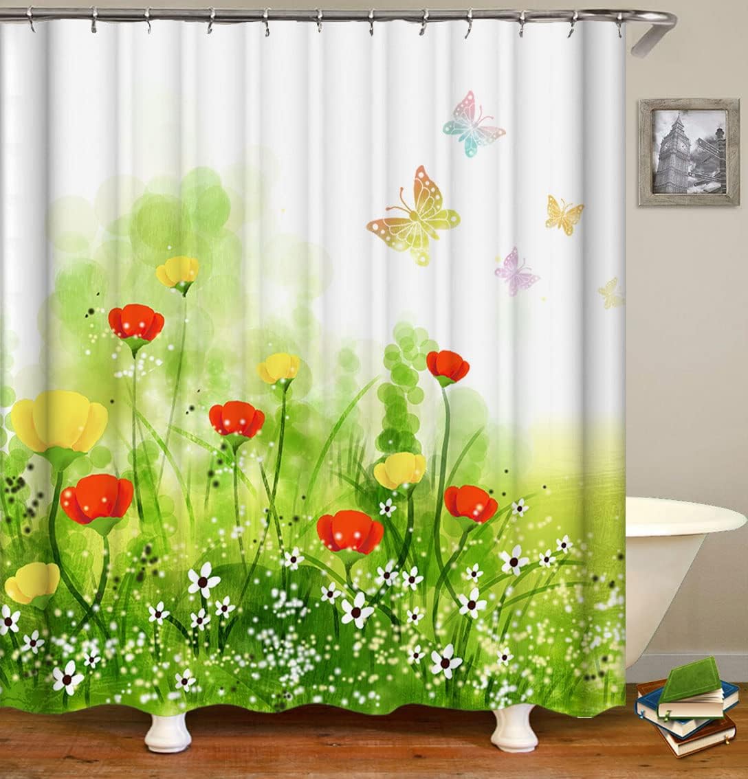 Butterfly and Floral Garden Shower Curtain for Nature Bathroom Decor