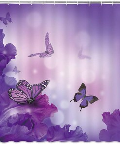 Butterfly and Flower Shower Curtain, Purple and Fantasy Design for Girls' Bathrooms