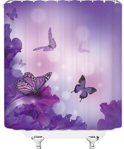 Butterfly and Flower Shower Curtain, Purple and Fantasy Design for Girls' Bathrooms