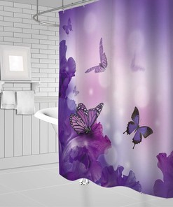 Butterfly and Flower Shower Curtain, Purple and Fantasy Design for Girls' Bathrooms