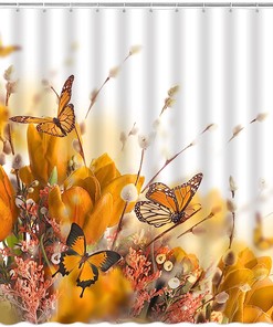 Butterfly and Flower Vintage Bathroom Shower Curtain with Nature Scenery for Modern Woman