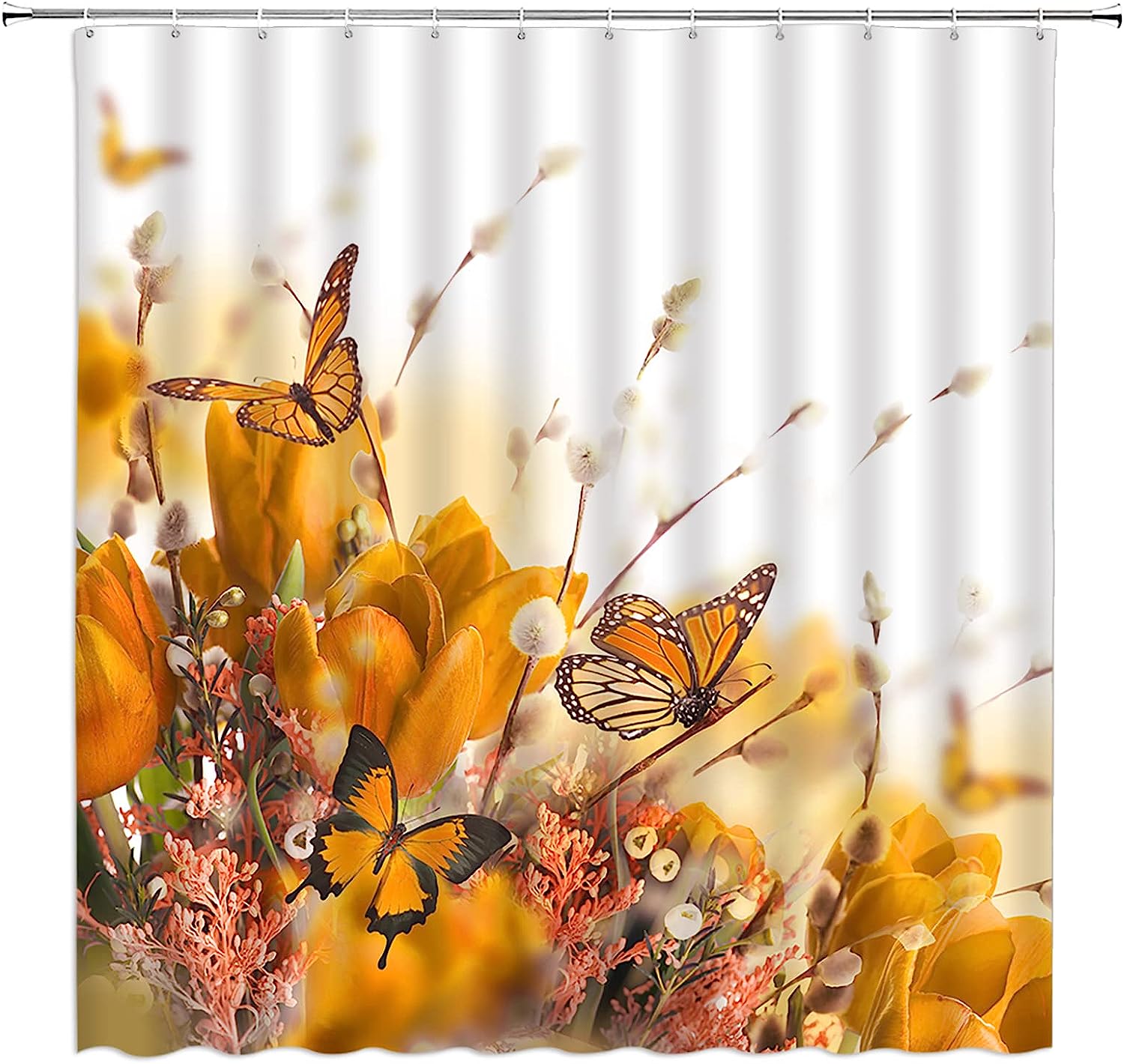 Butterfly and Flower Vintage Bathroom Shower Curtain with Nature Scenery for Modern Woman