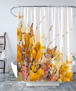 Butterfly and Flower Vintage Bathroom Shower Curtain with Nature Scenery for Modern Woman