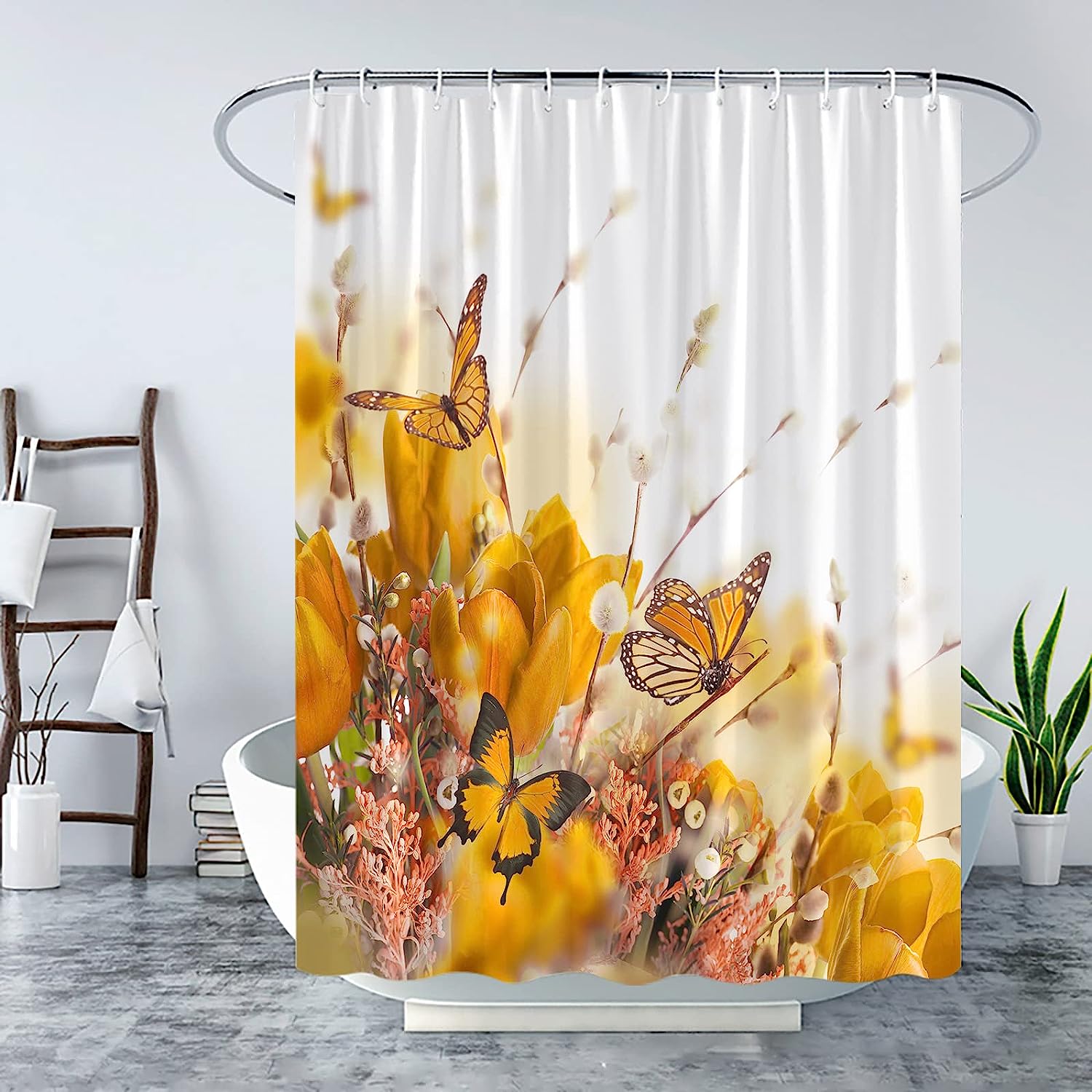 Butterfly and Flower Vintage Bathroom Shower Curtain with Nature Scenery for Modern Woman