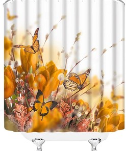 Butterfly and Flower Vintage Bathroom Shower Curtain with Nature Scenery for Modern Woman