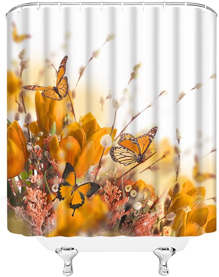 Butterfly and Flower Vintage Bathroom Shower Curtain with Nature Scenery for Modern Woman