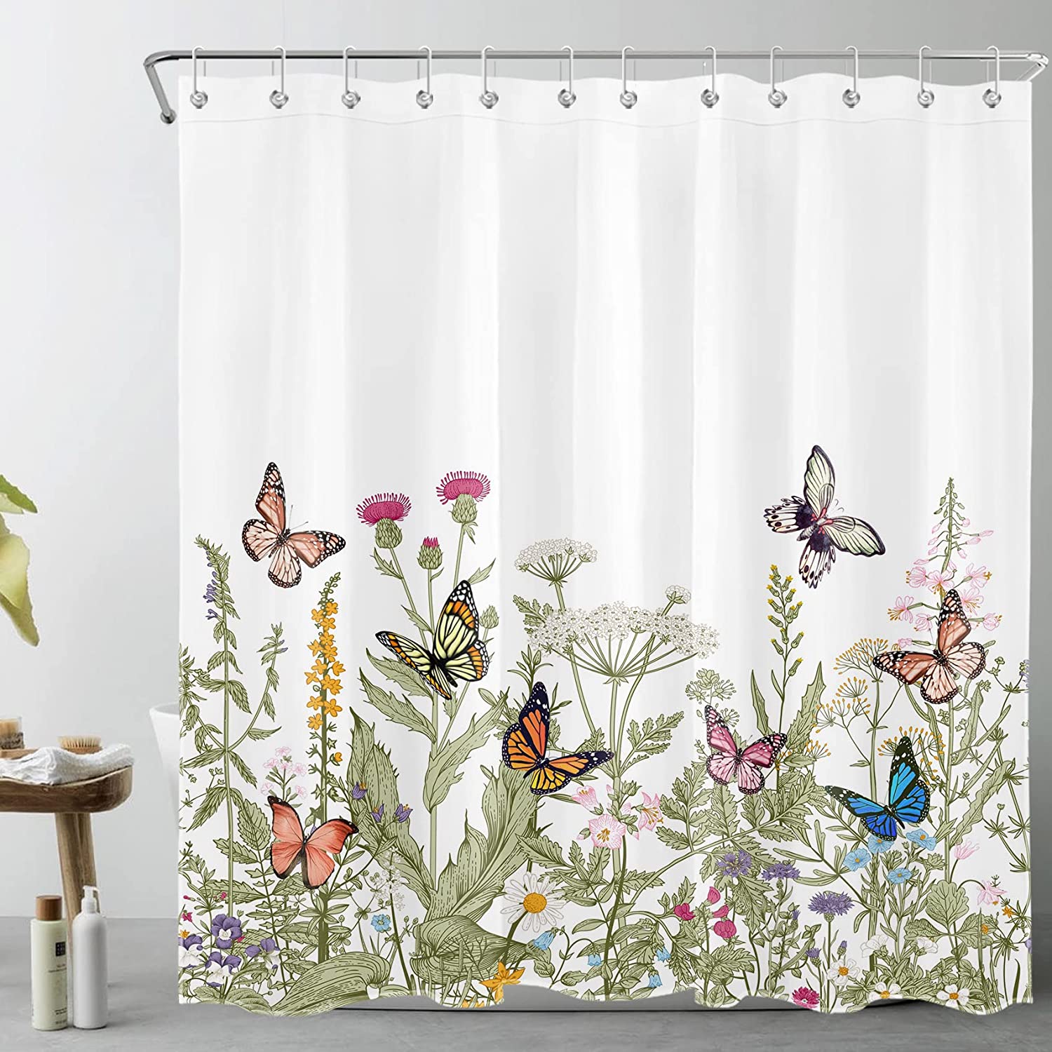 Butterfly and Weeds Plants Shower Curtain with Green Leaf for Bathroom Decor