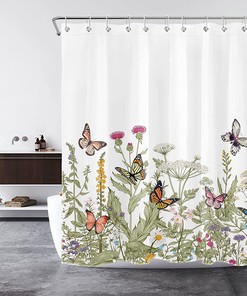 Butterfly and Weeds Plants Shower Curtain with Green Leaf for Bathroom Decor