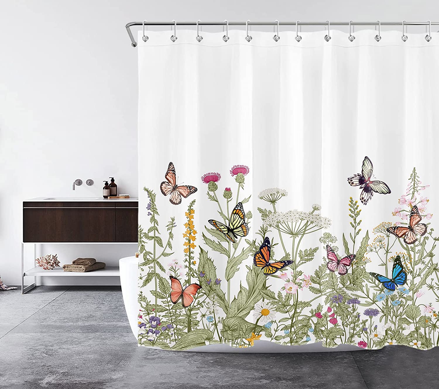 Butterfly and Weeds Plants Shower Curtain with Green Leaf for Bathroom Decor