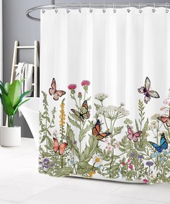 Butterfly and Weeds Plants Shower Curtain with Green Leaf for Bathroom Decor