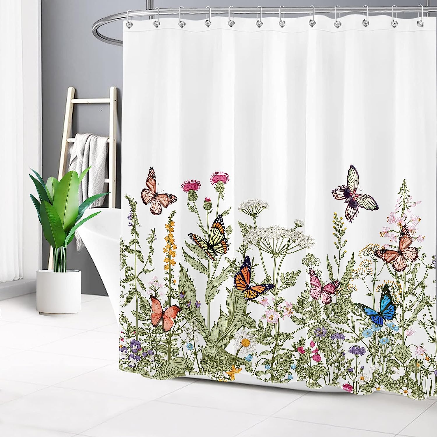 Butterfly and Weeds Plants Shower Curtain with Green Leaf for Bathroom Decor