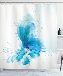 Butterfly on Flower Print Watercolor Shower Curtain, Feminine Bathroom Decor