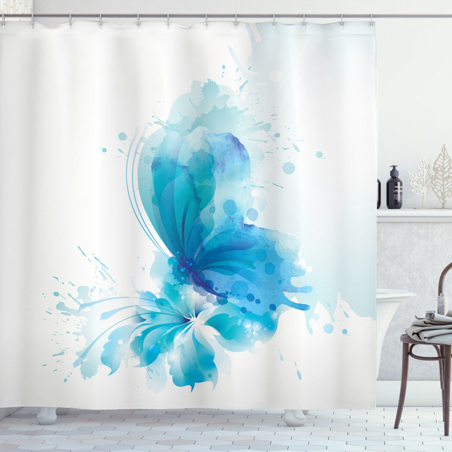 Butterfly on Flower Print Watercolor Shower Curtain, Feminine Bathroom Decor