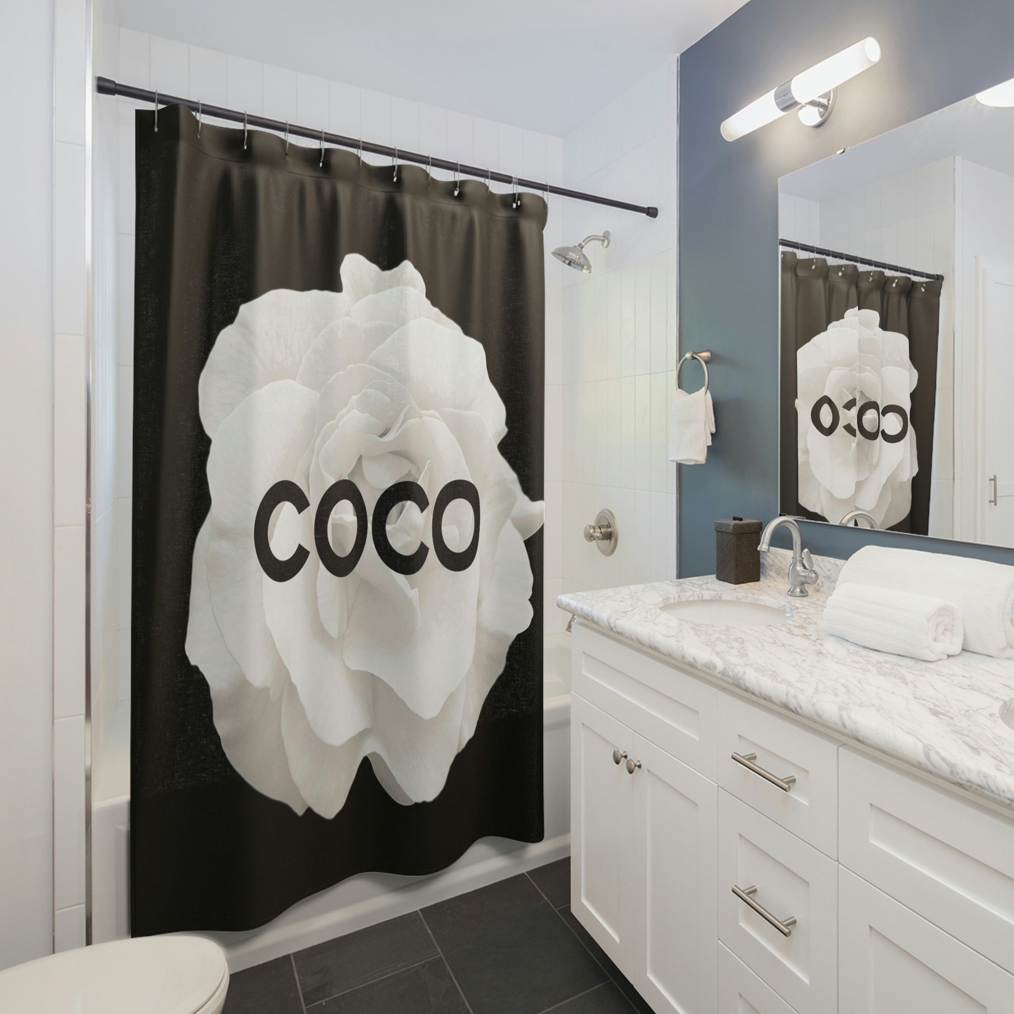 COCO Rose Personalized Fashion Shower Curtain, Designer Bath Curtain with Name