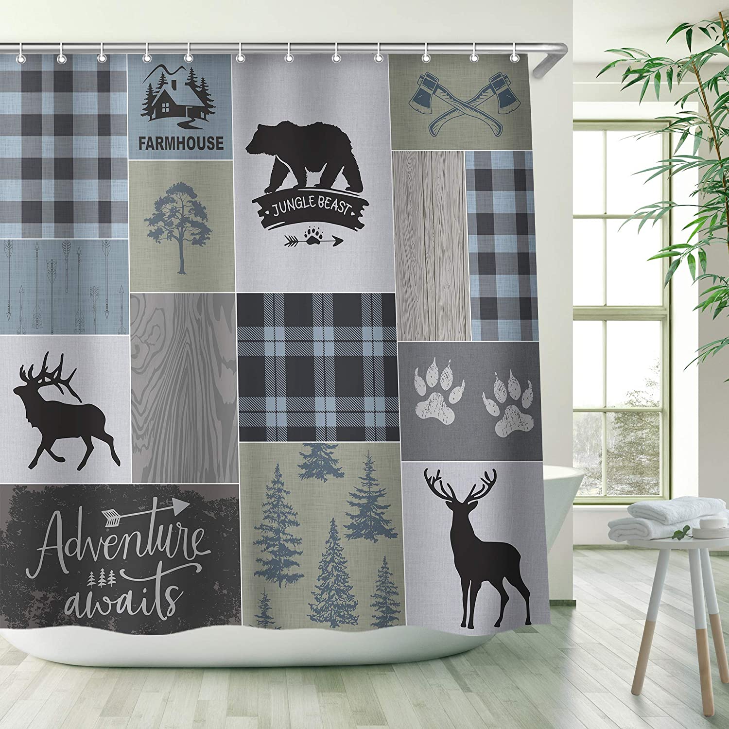 Cabin Adventure Shower Curtain with Rustic Bear, Deer, and Moose, Lodge Wildlife Men's Bathroom Decor