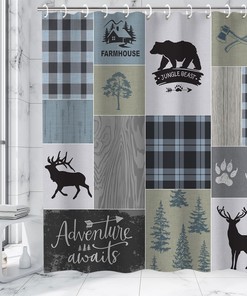 Cabin Adventure Shower Curtain with Rustic Bear, Deer, and Moose, Lodge Wildlife Men's Bathroom Decor
