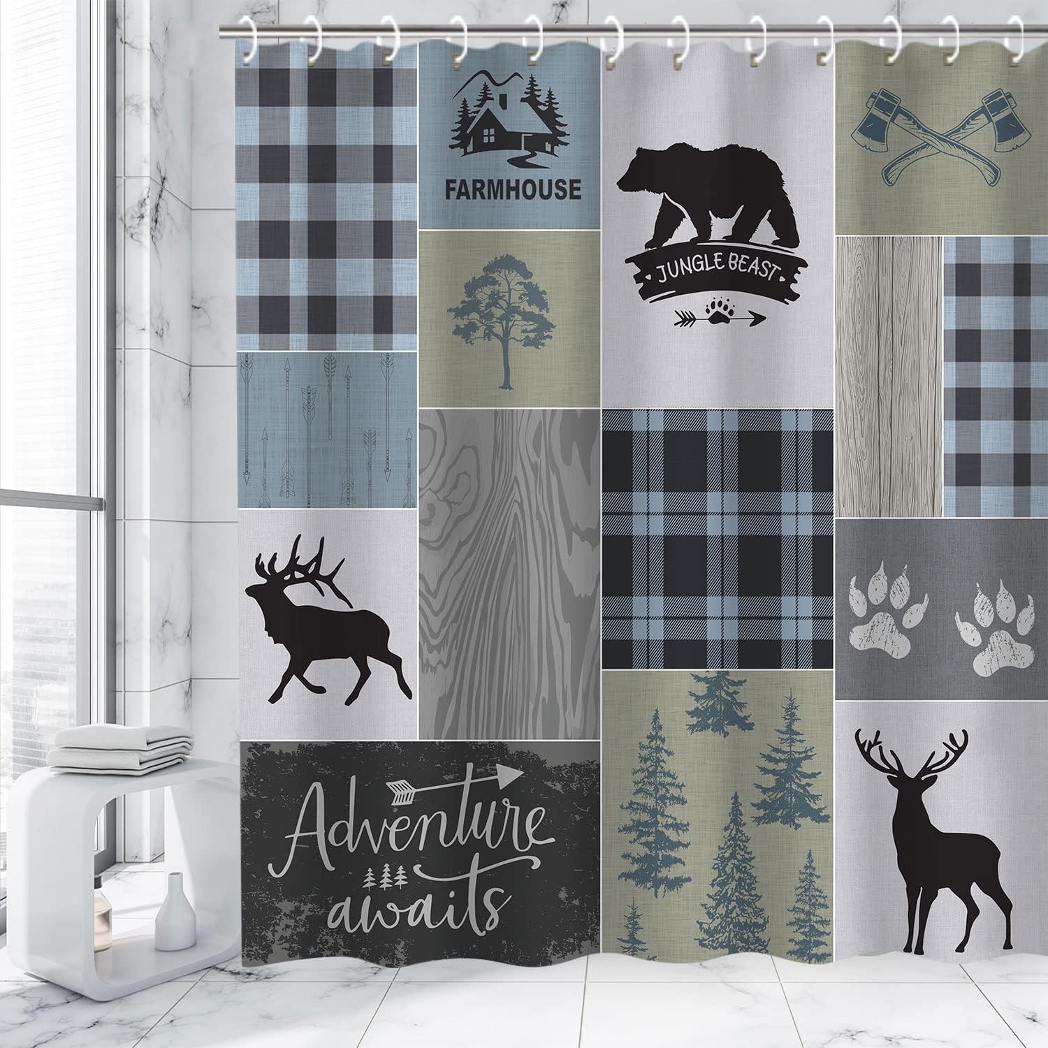 Cabin Adventure Shower Curtain with Rustic Bear, Deer, and Moose, Lodge Wildlife Men's Bathroom Decor