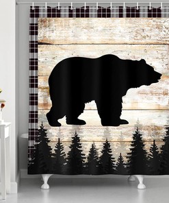 Cabin Lodge Forest Print Shower Curtain, Rustic Cute Bear Deer Animal Print, Fabric Bathroom Accessory Bath Curtain
