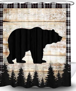 Cabin Lodge Forest Print Shower Curtain, Rustic Cute Bear Deer Animal Print, Fabric Bathroom Accessory Bath Curtain