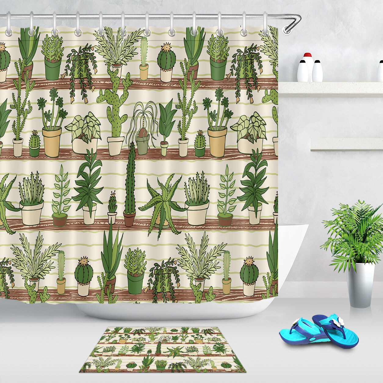 Cactus And Succulents Shower Curtain For Home Plants Bathroom Decor, Waterproof Fabric