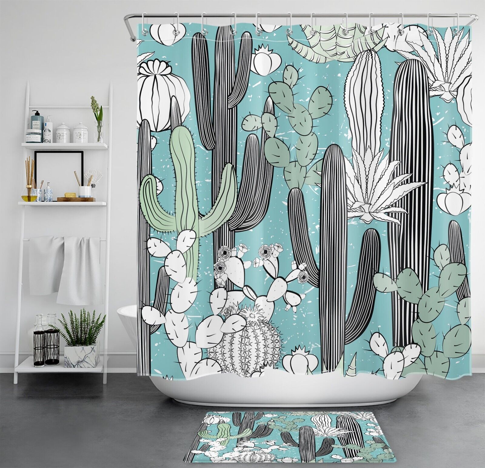 Cactus And Tropical Plant Floral Shower Curtain For Bathroom
