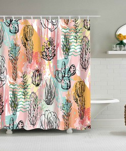 Cactus Desert Plants Printed Shower Curtain In Abstract Art Style