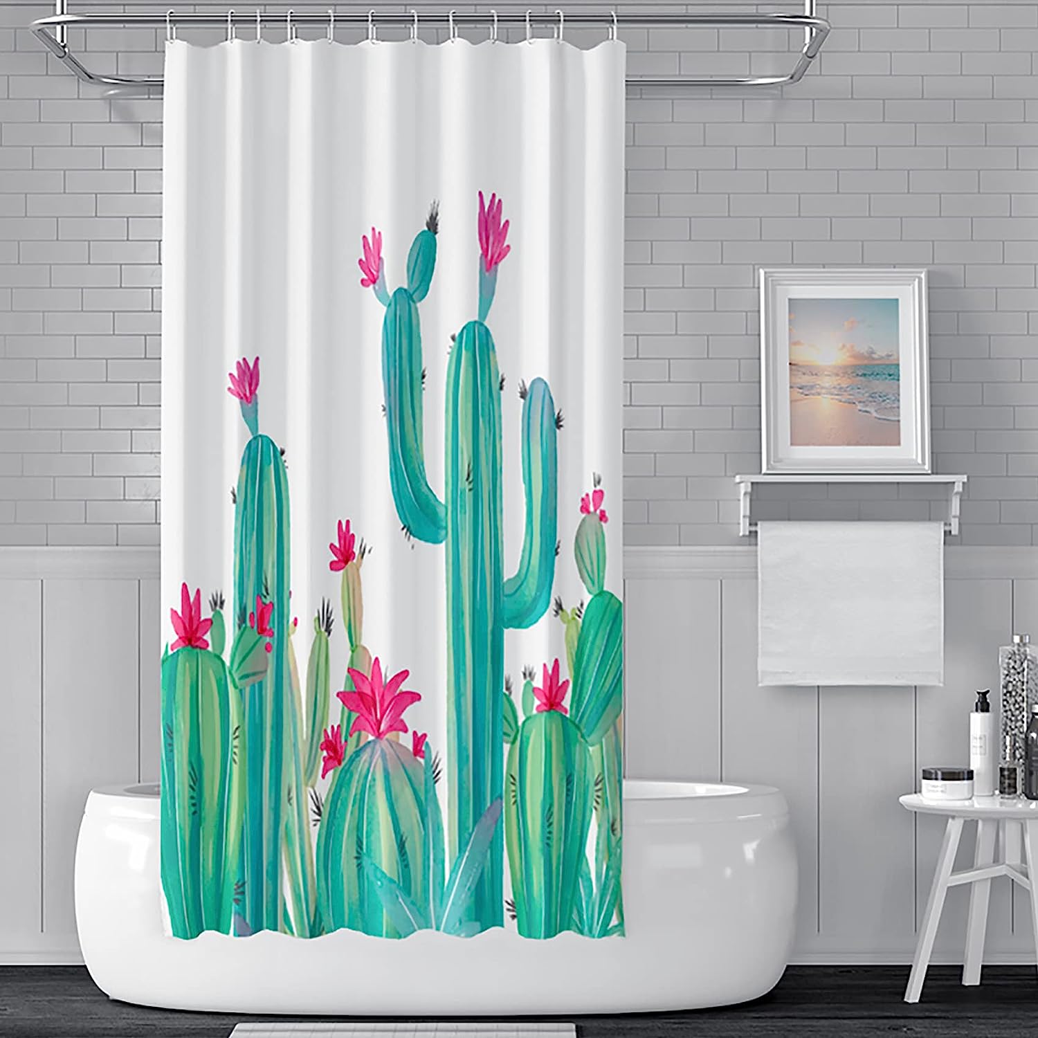 Cactus Floral Botanical Plant Shower Curtain - Tropical Rustic Spring Watercolor Green Plants Kids Bathroom Decor