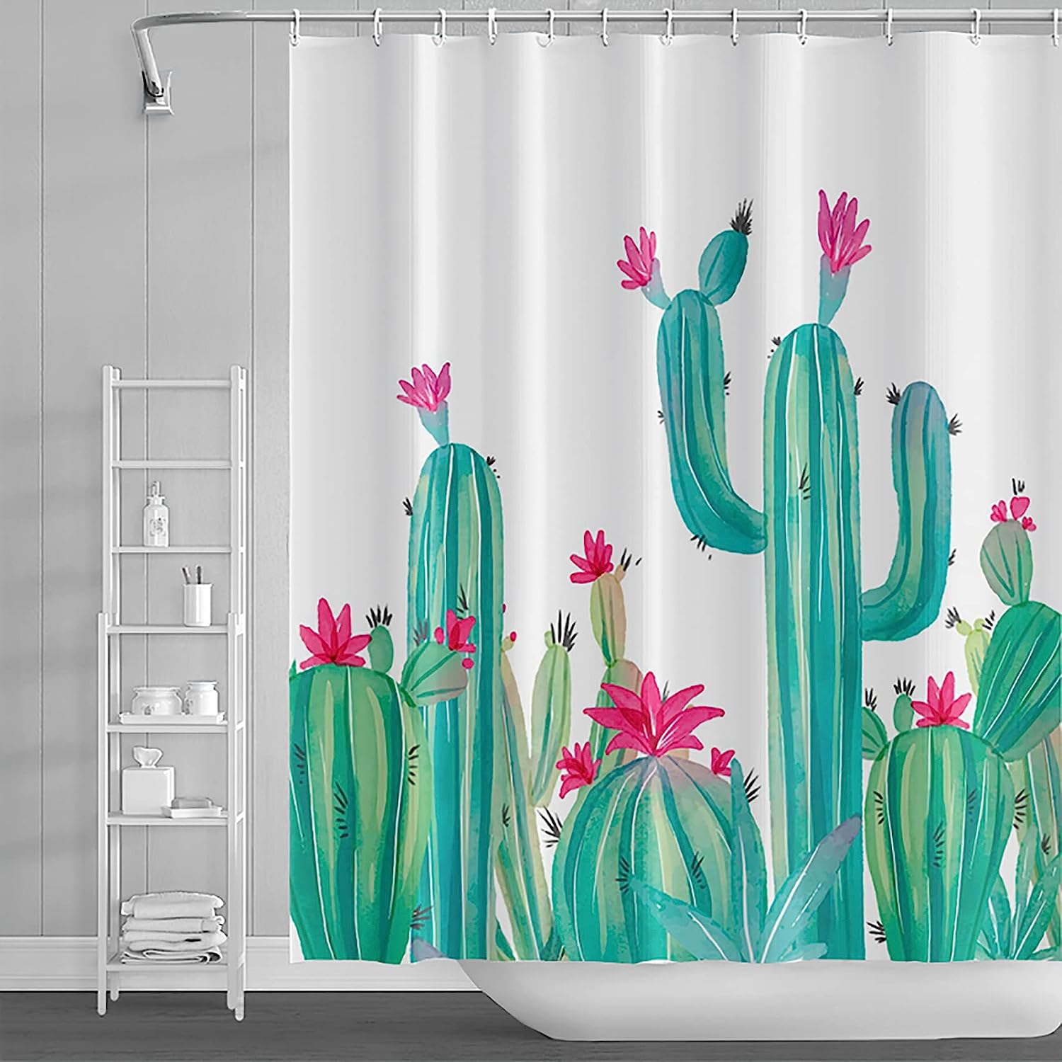 Cactus Floral Botanical Plant Shower Curtain - Tropical Rustic Spring Watercolor Green Plants Kids Bathroom Decor - Image 2