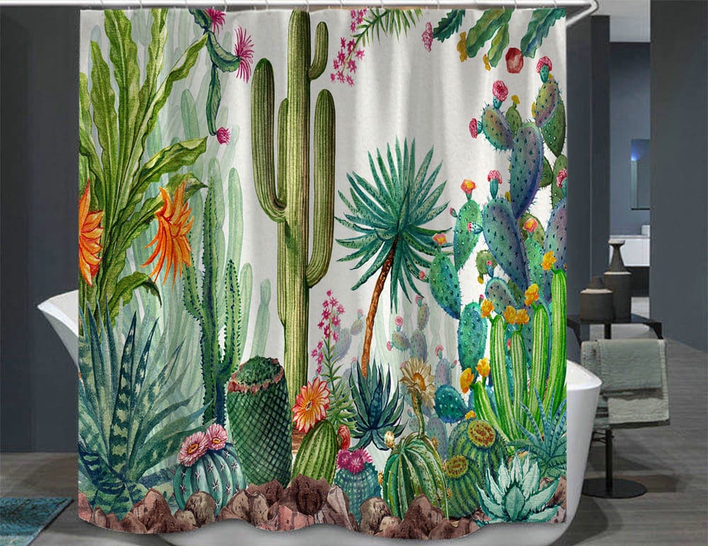 Cactus Flowers Rustic Board Shower Curtain For Boho Bathroom Decor - Image 3