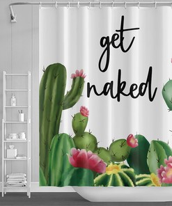 Cactus Print Waterproof Fabric Shower Curtain for Modern Bathroom