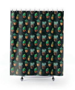 Cactus Shower Curtain - Black Bathroom Decor With Cute And Aesthetic Cacti Print