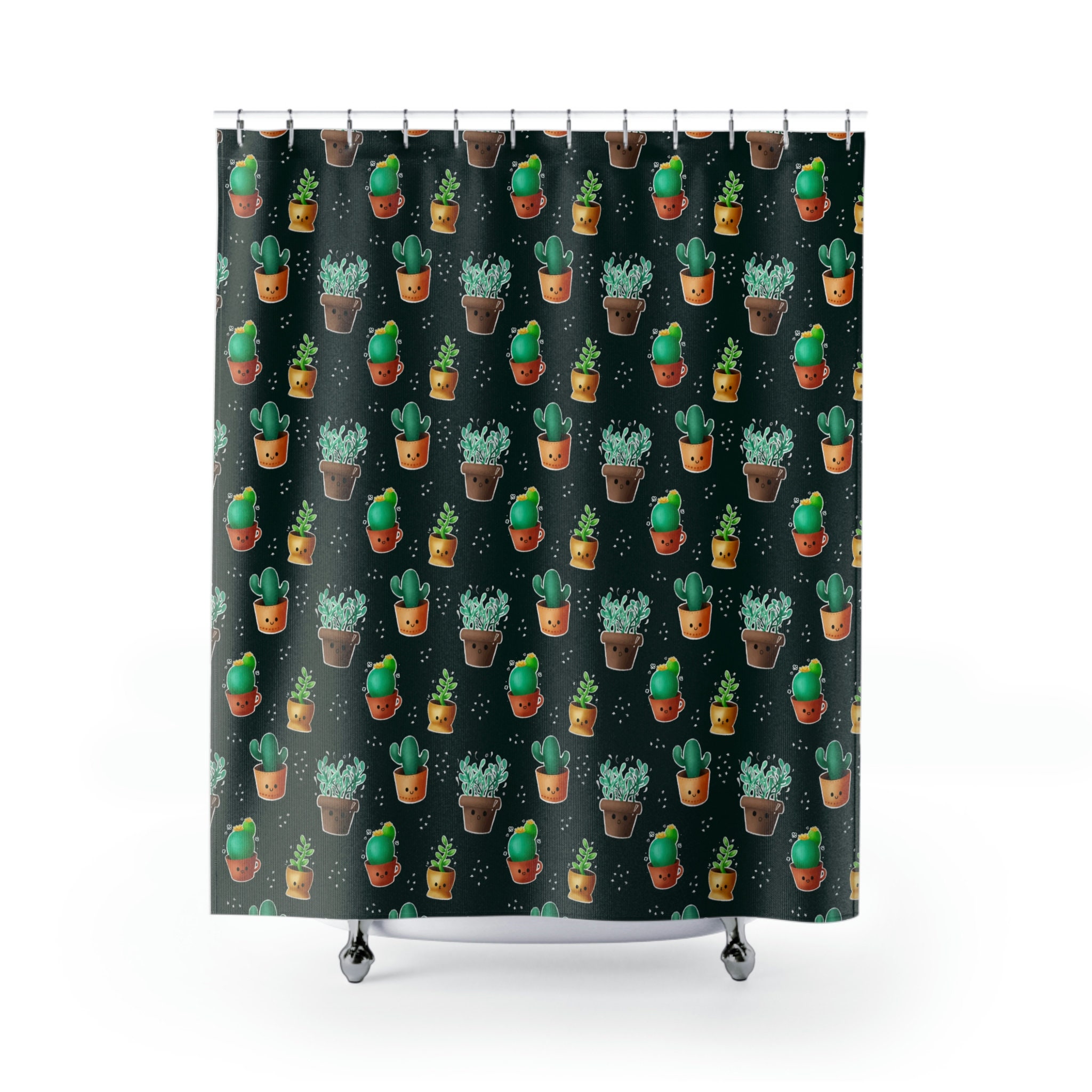 Cactus Shower Curtain - Black Bathroom Decor With Cute And Aesthetic Cacti Print