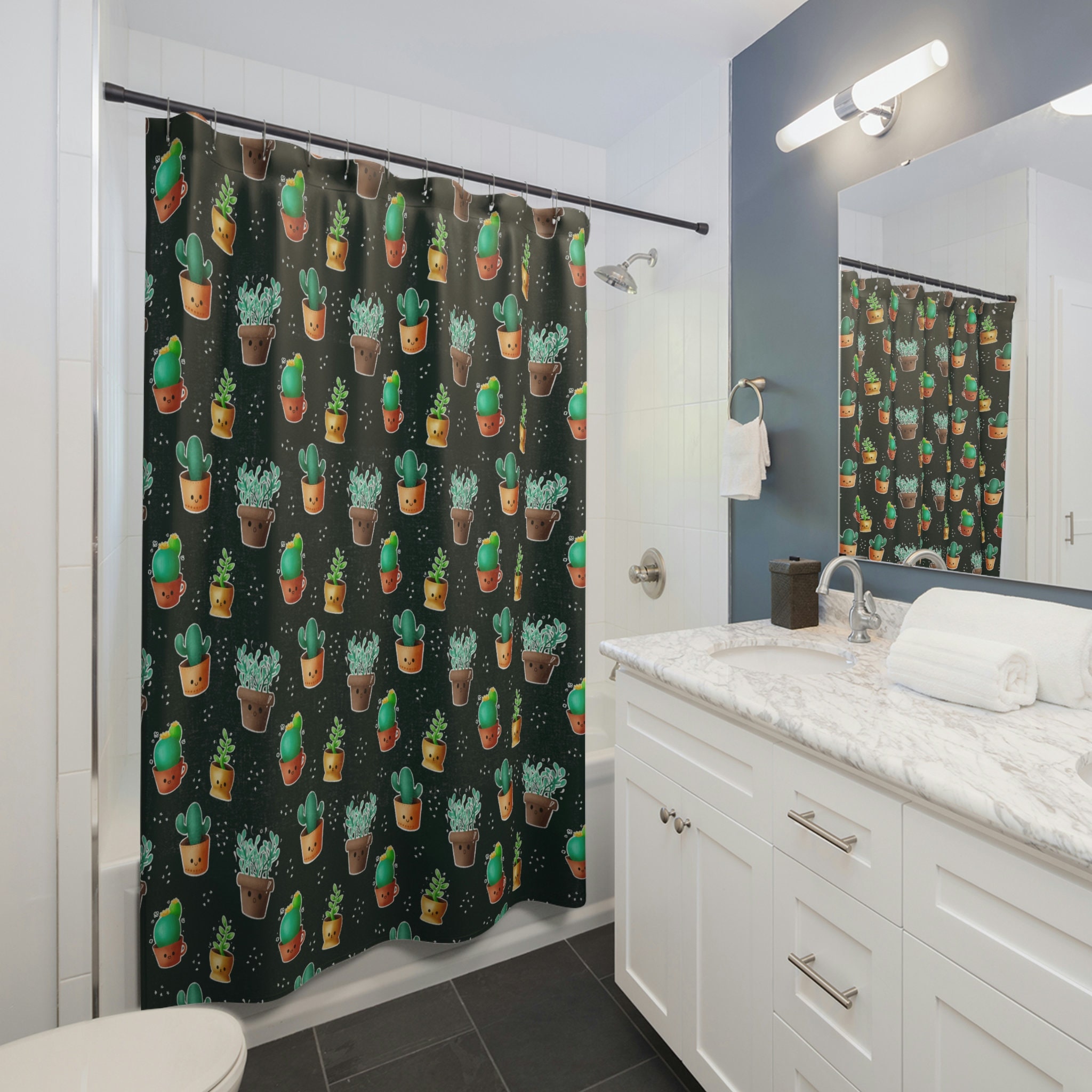 Cactus Shower Curtain - Black Bathroom Decor With Cute And Aesthetic Cacti Print - Image 2
