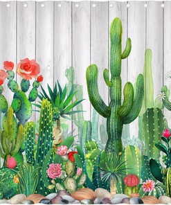 Cactus Shower Curtain - Tropical Succulent Plants Floral Desert Wooden Bathroom Decor