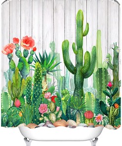 Cactus Shower Curtain - Tropical Succulent Plants Floral Desert Wooden Bathroom Decor
