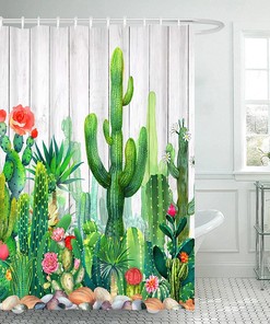 Cactus Shower Curtain - Tropical Succulent Plants Floral Desert Wooden Bathroom Decor