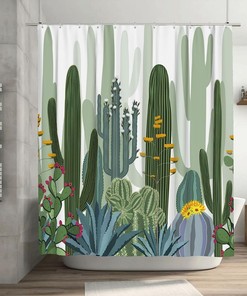 Cactus Shower Curtain Wild Succulent Forest Flowers Decor, Green Bathtub Decorative Fabric Waterproof Curtain 