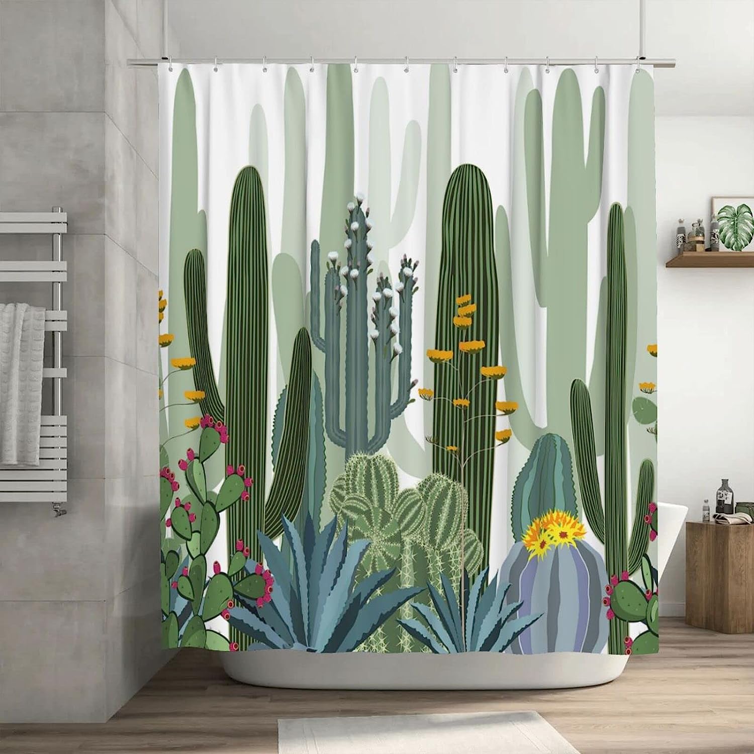 Cactus Shower Curtain Wild Succulent Forest Flowers Decor, Green Bathtub Decorative Fabric Waterproof Curtain