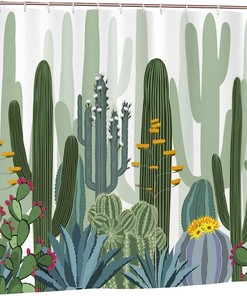 Cactus Shower Curtain Wild Succulent Forest Flowers Decor, Green Bathtub Decorative Fabric Waterproof Curtain
