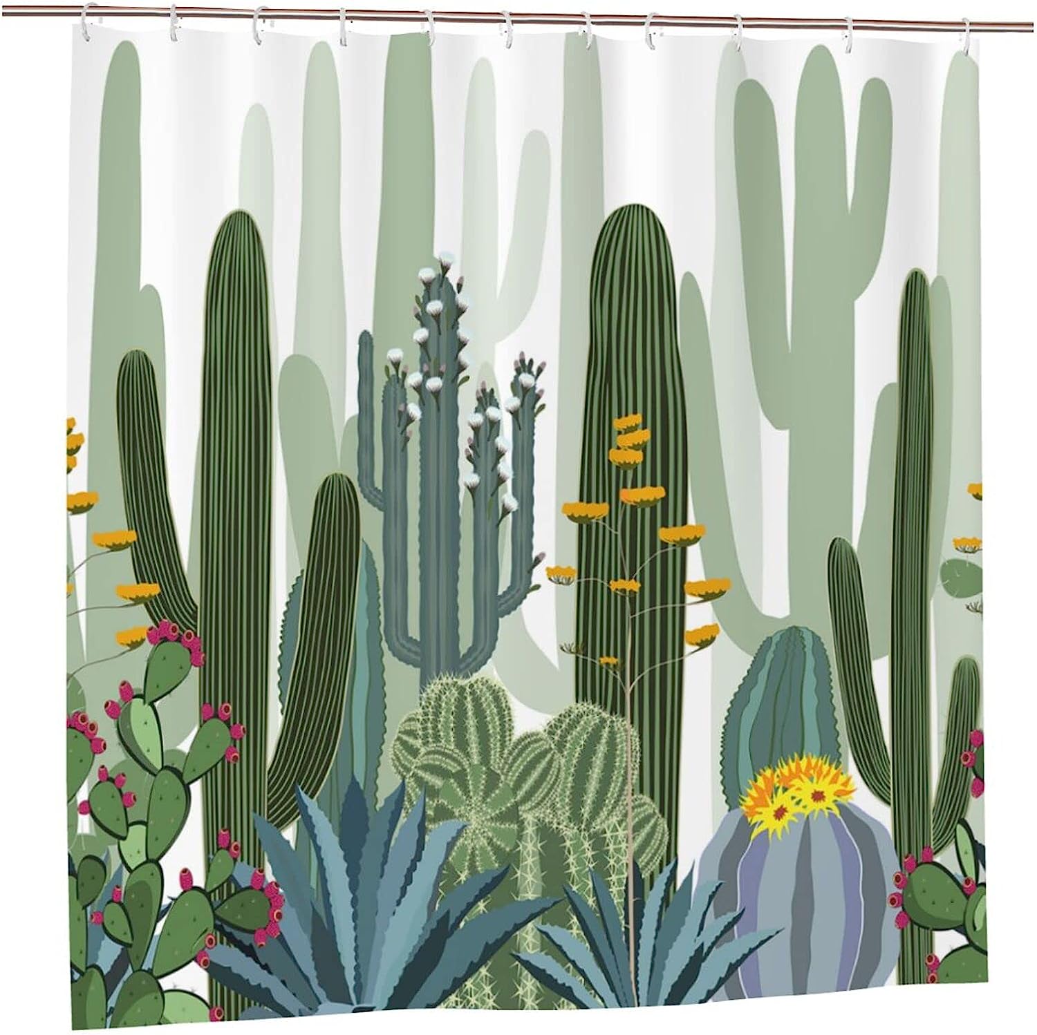 Cactus Shower Curtain Wild Succulent Forest Flowers Decor, Green Bathtub Decorative Fabric Waterproof Curtain