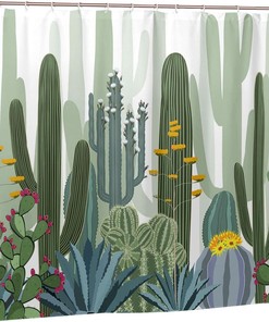 Cactus Shower Curtain Wild Succulent Forest Flowers Decor, Green Bathtub Decorative Fabric Waterproof Curtain