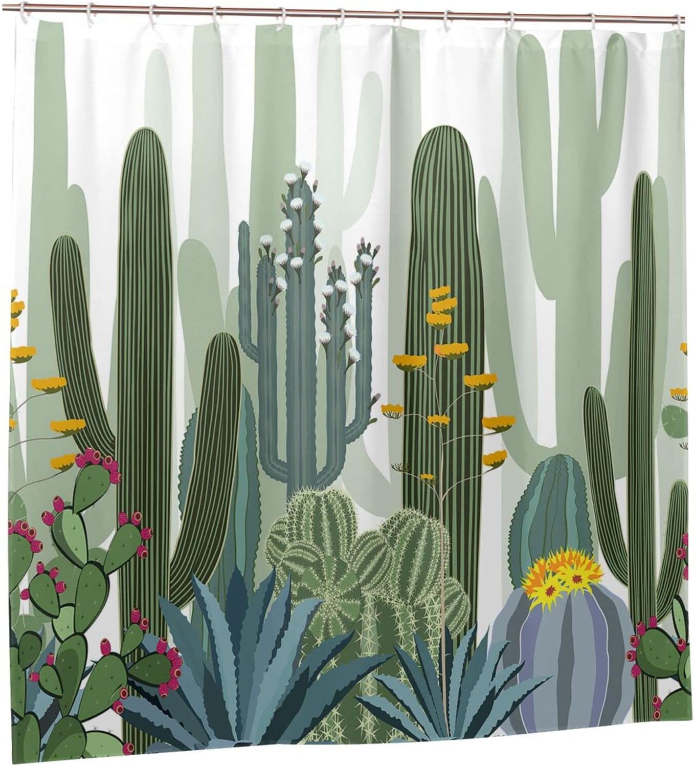 Cactus Shower Curtain Wild Succulent Forest Flowers Decor, Green Bathtub Decorative Fabric Waterproof Curtain