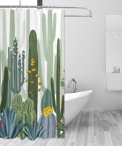 Cactus Shower Curtain Wild Succulent Forest Flowers Decor, Green Bathtub Decorative Fabric Waterproof Curtain