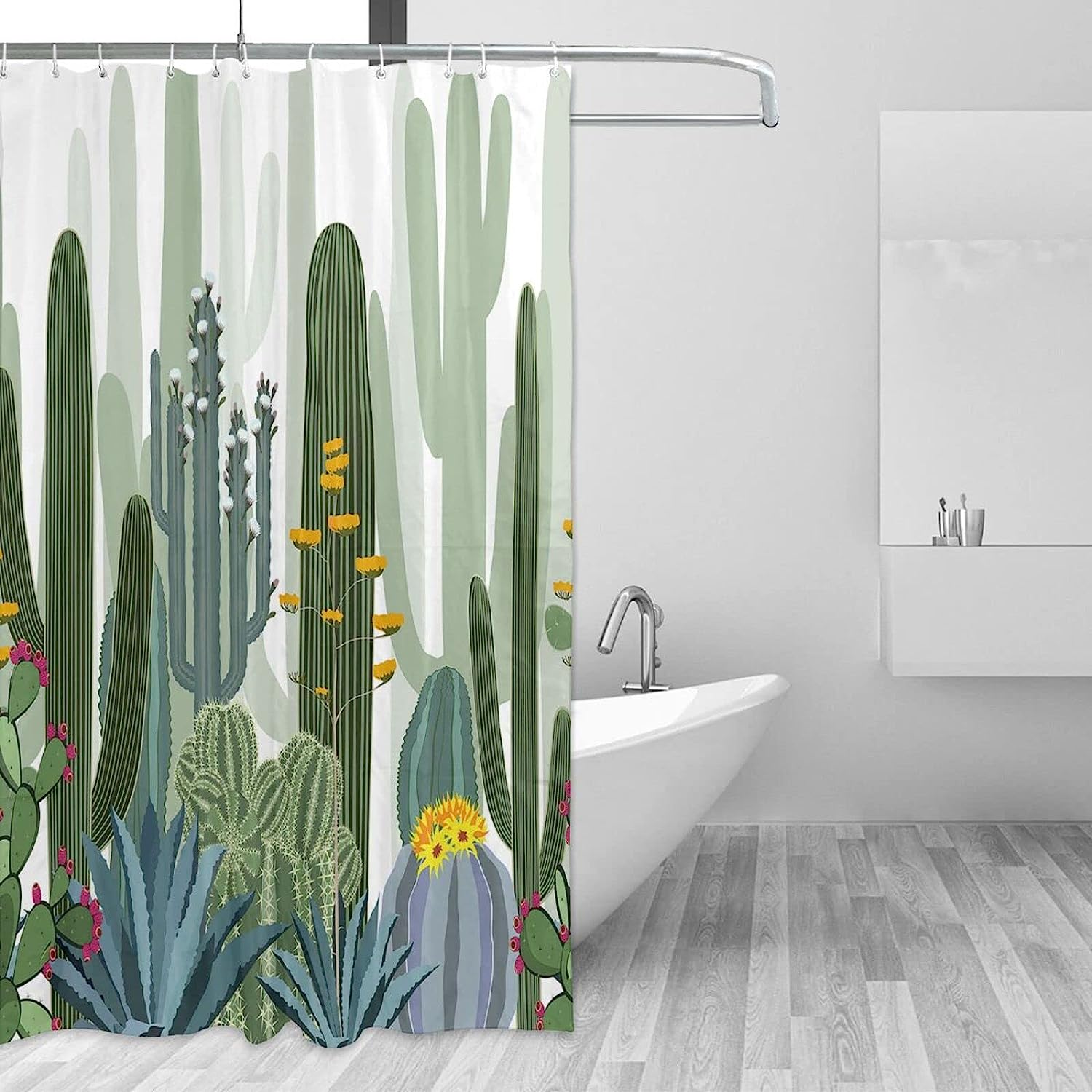 Cactus Shower Curtain Wild Succulent Forest Flowers Decor, Green Bathtub Decorative Fabric Waterproof Curtain