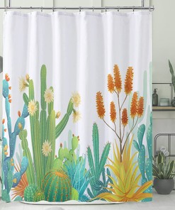Cactus Shower Curtain With Tropical Plant Succulent Design - White Waterproof Fabric