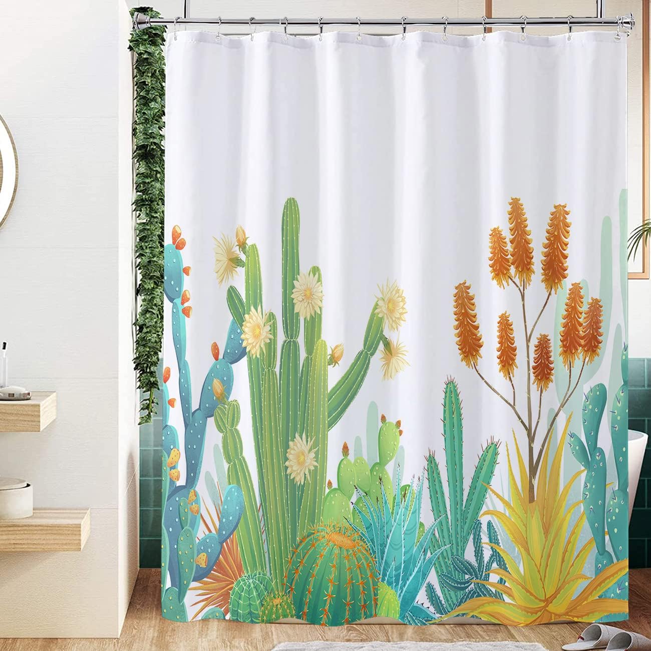 Cactus Shower Curtain With Tropical Plant Succulent Design - White Waterproof Fabric - Image 2