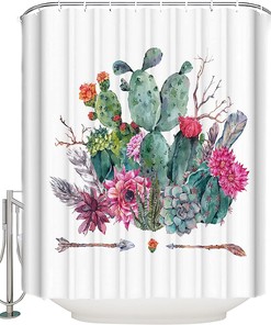 Cactus Water Resistant Linen Fabric Shower Curtain, Modern Bathroom Decor with Desert Plant Print