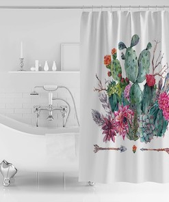 Cactus Water Resistant Linen Fabric Shower Curtain, Modern Bathroom Decor with Desert Plant Print