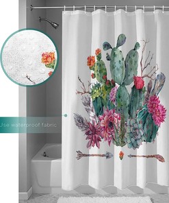 Cactus Water Resistant Linen Fabric Shower Curtain, Modern Bathroom Decor with Desert Plant Print